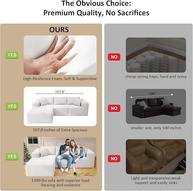 Cloud Sectional Couch with L-Shape Chaise,4 Seat Modern Modular Sofa with Deep Seat (White, 108"+Left Facing Chaise)