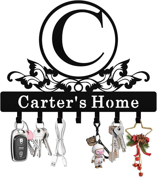 Personalized Monogram Key Holder Wall Mount, Custom Initial Name Metal Key Holder for Wall, Custom Keys Rack Hanger with Hooks for Entryway, Front Door, Hallway, Living Room, Kitchen