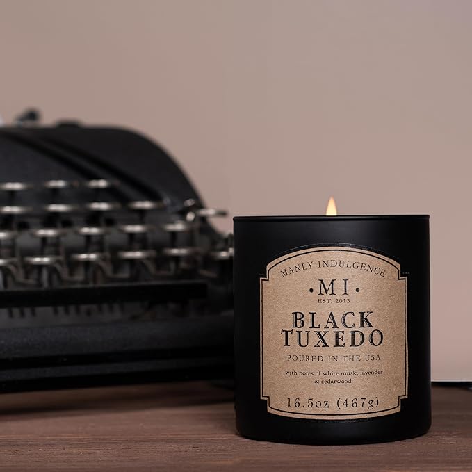 Manly Indulgence Black Tuxedo Jar Candle 16.5 oz - White Musk, Lavender, Cedarwood, Jasmine & Earthy Orris - Up to 60 Hour Burn - Soy Blend Wax, USA Poured