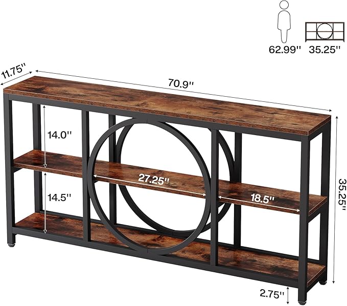 Tribesigns 70.9 Inch Extra Long Console Table for Entryway, Sofa Table Behind Couch with 3 Tier Wood Storage Shelves Industrial Metal Frame for Living Room Hallway Entryway, Brown Black