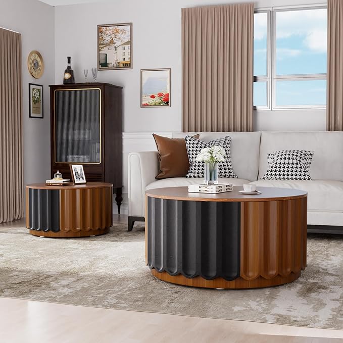 Nesting Coffee Table Set of 2 Modern Round Coffee Table with Non-Slip Feet, Wooden Circle Accent Tables Contemporary Drum Side Table End Table for Living Room Bedroom (Brown 26.8"+19.7")