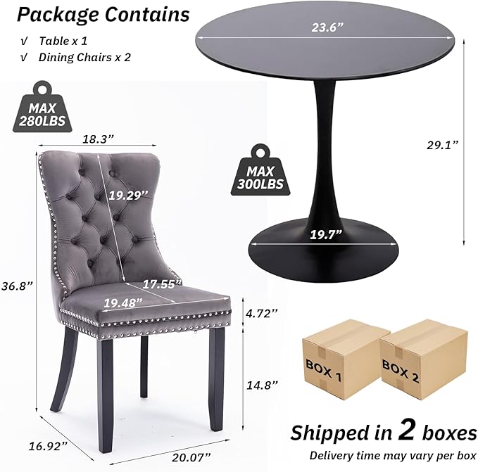 SoarFlash Kitchen Table and Chairs for 2, 24" Dining Table Set for 2 with Velvet Upholstered Chairs, 3 Piece Round Kitchen Table Set, Dining Room Table Set for Small Space, Apartment