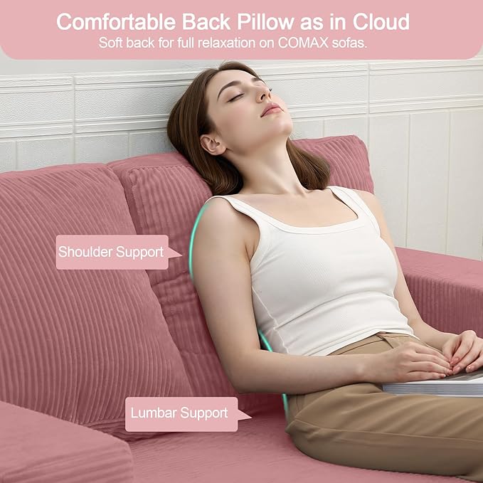 COMAX Convertible Sofa Bed Queen, Folding Fold Out Couch Bed, Floor Futon Couch Corduroy Sleeper Mattress with Back Pillows, Boneless Sofa Comfy Lounge Loveseat for Living Room Bedroom, Pink