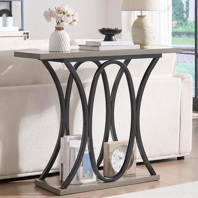 BedsPick Entryway Console Table, 40 Inch Narrow Wood Hallway Table Foyer Table Behind Couch, Sofa Table with Metal Legs and 1.18 Thick Board (Grey)