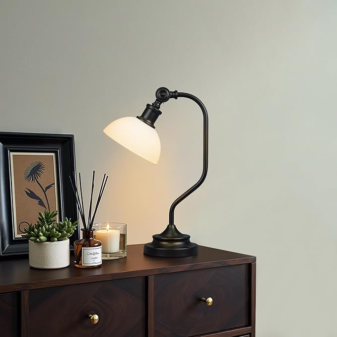 Cordless Vintage Bankers Table lamp, 5200-mAh Rechargeable Battery, 3-Level Brightness, Build-in Integrated LED 320 Lumen Max, Half-Globe Glass Shade, for Bedside Desk Nightstand Light