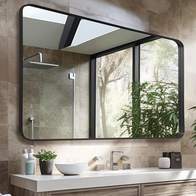 Wall Mirror 30" x 48" for Bathroom Black Metal Deep Frame Mirror for Wall Decorative Rectangular Round Corner Wall Mounted Vanity Mirror for Bedroom Living Room Entryway Wall Decor