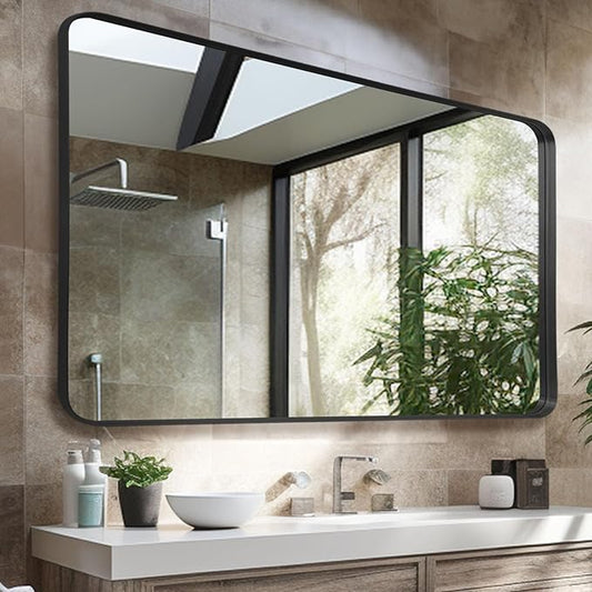 Wall Mirror 30" x 48" for Bathroom Black Metal Deep Frame Mirror for Wall Decorative Rectangular Round Corner Wall Mounted Vanity Mirror for Bedroom Living Room Entryway Wall Decor