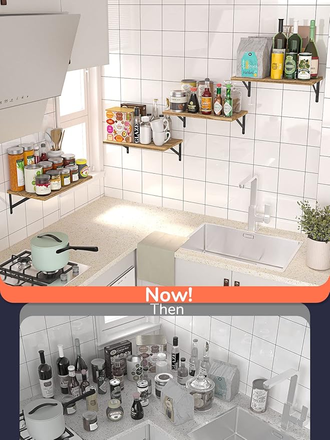 Deep Floating Shelves 10" D x 16.5" W Set of 4, Rustic Wood Wall Bookshelves for Living Room, Kitchen, Laundry Room, Bathroom, Bedroom, Books, Plants, and More (Natural Burned Finish)