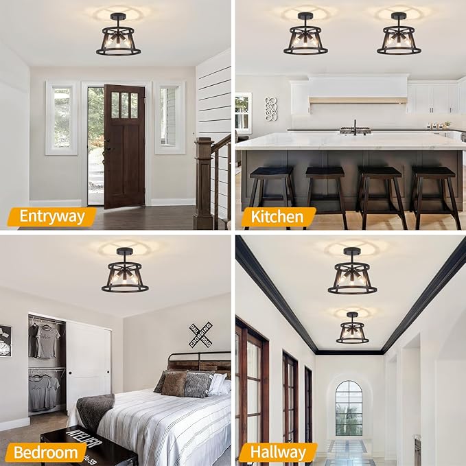 12.59" Black Semi Flush Mount Ceiling Light, 3-Light Modern Close to Ceiling Light Fixtures, Hallway Light Fixtures, Metal Ceiling Lamp for Entryway Bedroom Laundry Dining Room Lighting, UL Listed