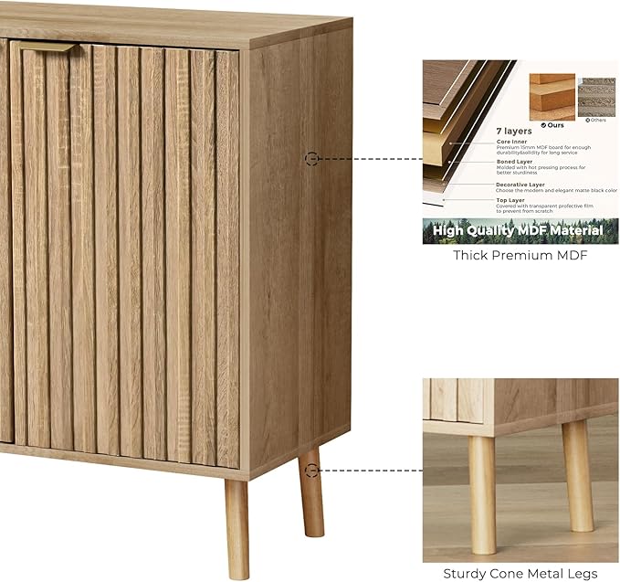 Fluted Storage Cabinet, Free Standing Buffet, Wood Sideboard, Multifunctional Accent Storage for Living Room, Hallway, Entryway, Dining Room (1, Oak)