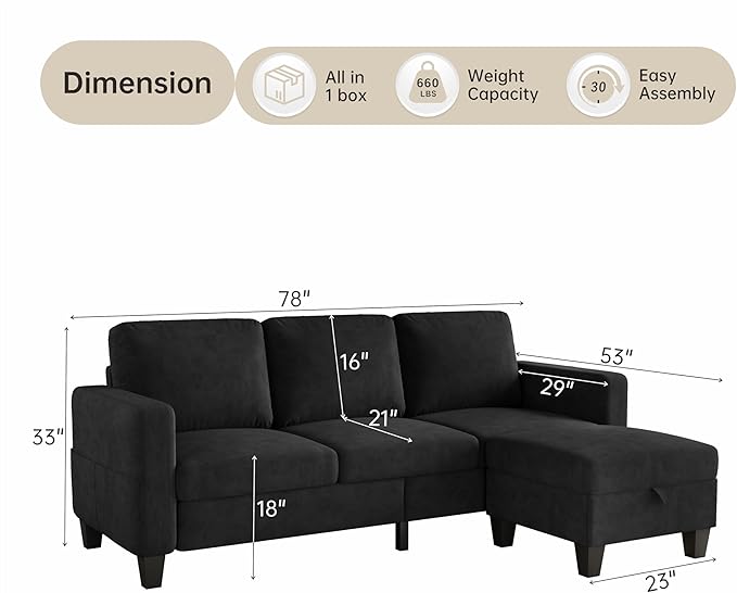 Sectional Sofa Couches for Living Room, 78'' Black 3 Seater L-Shaped Couch with Storage Ottoman, Comfy Velvet Convertible Sectionals Sofas with Chaise for Apartment, Office, Small Space