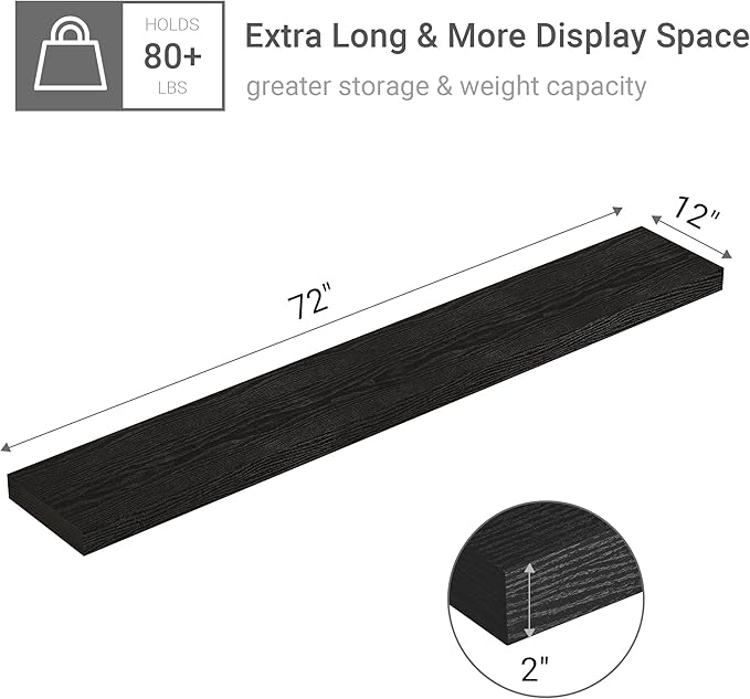 Vivelove 72 Inches Floating Shelves Wall Mounted, 12" Deep Wall Shelves for Bedroom, Bathroom, Living Room, Kitchen, Office, Home Decor, Modern Shelf, Set of 1, Black, 72x12x2