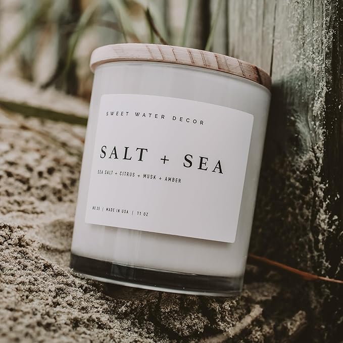 Sweet Water Decor Salt and Sea Candle - Sea Salt, Citrus, Amber, Musk, Beach Scented Soy Candles for Home - 11oz White Glass Jar + Wood Lid, 50+ Hour Burn Time, Made in The USA