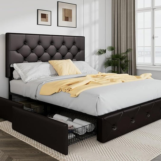Allewie Upholstered Queen Size Platform Bed Frame with 4 Storage Drawers and Headboard, Diamond Stitched Button Tufted, Mattress Foundation with Wooden Slats Support, No Box Spring Needed, Black Brown