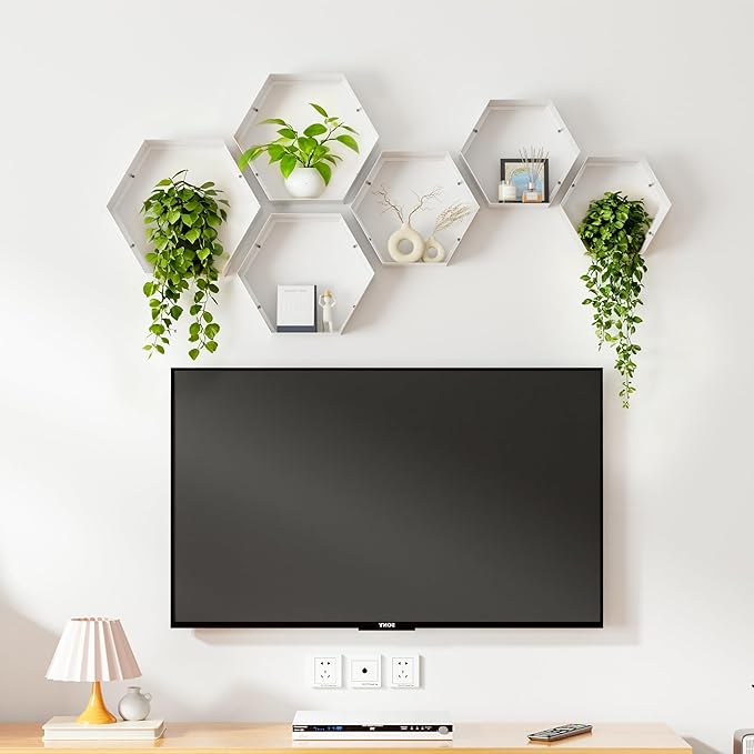 Gonice White Metal Hexagon Floating Shelves Set of 6 Honeycomb Wall Shelves Home Decor Shelf for Living Room Bedroom Office