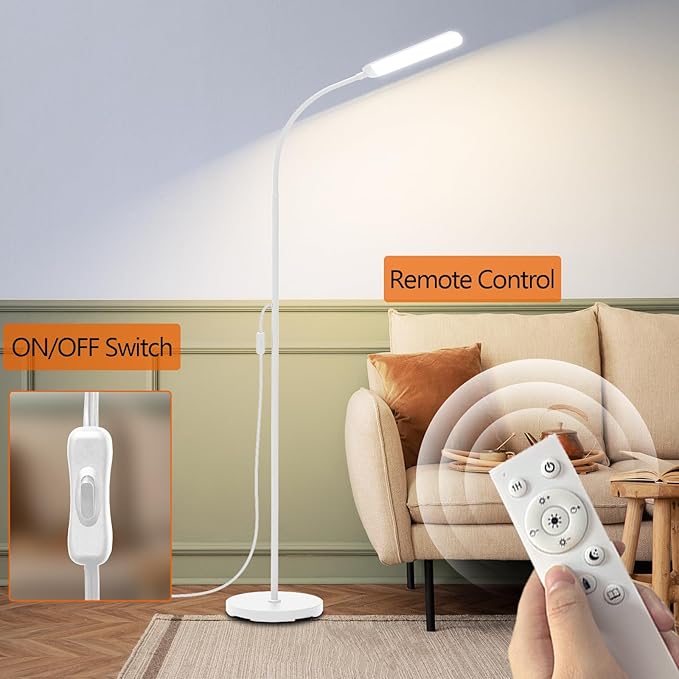 White LED Floor Lamp, 18W 1800lm Super Bright Dimmable Floor Lamps for Living Room Bedroom with Timer, Stepless Adjustable 2700K-6500K Colors & Brightness Standing Lamp with Remote & ON/Off Switch