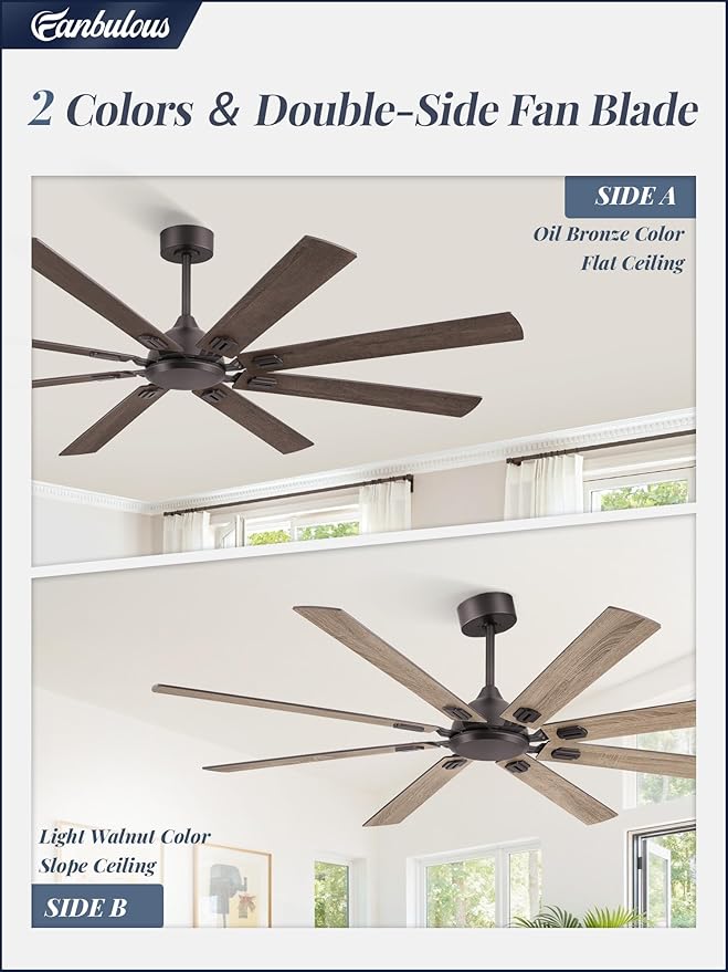 72 Inch Ceiling Fans No Light with Remote, Modern Ceiling Fan Without Light, Dual Finish 8 Blades, Reversible DC Motor, 6 Speed, Large Ceiling Fan for Indoor or Covered Outdoor, Oil Bronze
