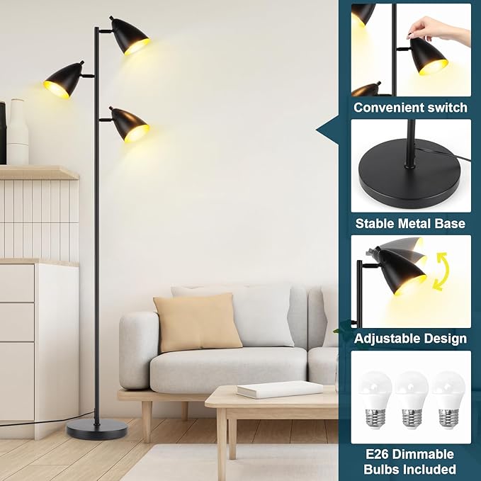 Tree Floor Lamp for Living Room, Industrial 3-Light Standing Lamp with 3 LED Bulbs, Adjustable Rotation Heads, Standing Tall Pole Lamp Farmhouse Rustic Reading Lamps for Bedroom Office (Black)