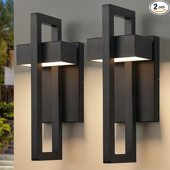 tewei 16.5'' Modern LED Outdoor Wall Sconce, Integrated LED Outdoor Light Fixtures Wall Mount Exterior Lights, Black Front Porch Outside Lighting for House, Backyard, Warm White 3000K, 2 Pack