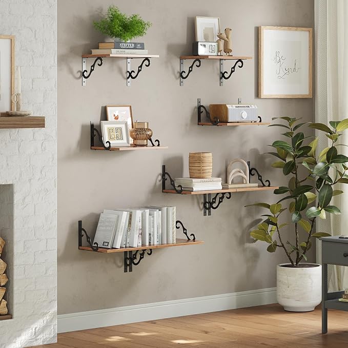 DINZI LVJ Deep Floating Shelves, 16" W x 12" D Wall Shelves Set of 2, Wide Display Shelf Mounted with Brackets, Easy-to-Install Wall Bookshelf for Living Room, Bathroom, Bedroom, Rustic Brown