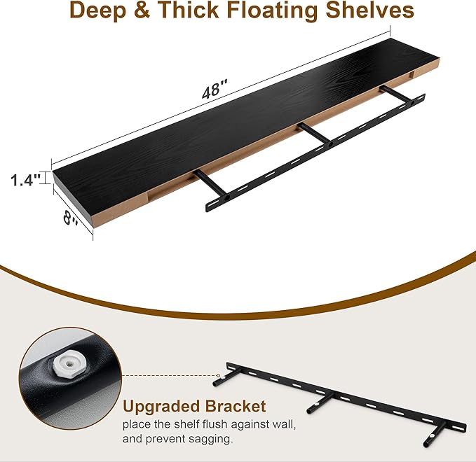 Black Floating Shelves 48 Inch Long, 8 Deep Floating Shelves for Wall, Rustic 48" Long Fireplace Mantel, Large 48 x 8 Wall Shelves for Bedroom, Living Room, Bathroom, Black Deep Shelves Set of 1