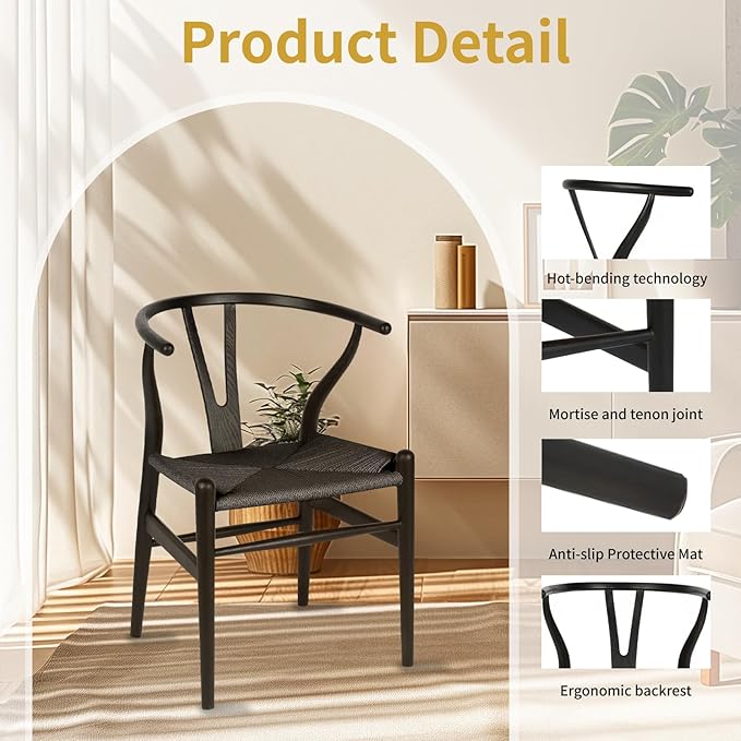 Wishbone Chair, Solid Wood Armrest Woven Seat Chair, Kitchen & Dining Chair, Wishbone Y Black Chairs - Set of 1 (Ash Wood - Black)