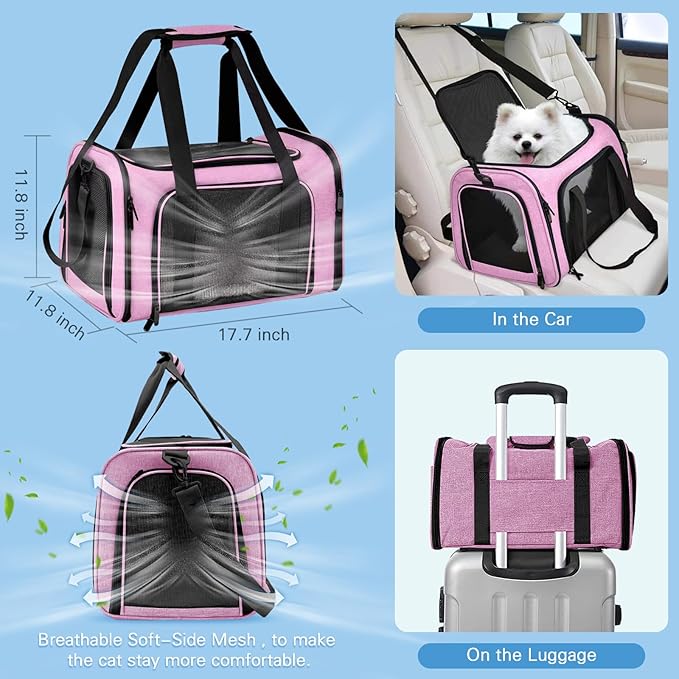 Soft-Sided Cat Carrier with Litter Box for Traveling & Camping, Pet Bag Fit Pets Up to 20lbs,17.7' * 11.8 * 11.8 inches Cat Travel Carrier Pink