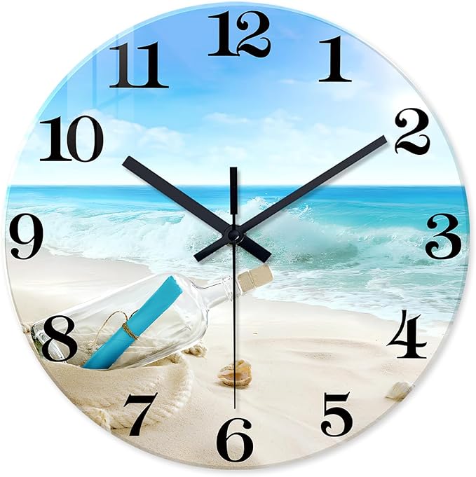 XNM Glass Large Wall Clocks for Living Room Decor 20 Inch Blue Beach Clock Non Ticking Battery Wall Clock Modern