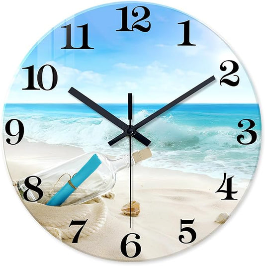 XNM Glass Large Wall Clocks for Living Room Decor 20 Inch Blue Beach Clock Non Ticking Battery Wall Clock Modern