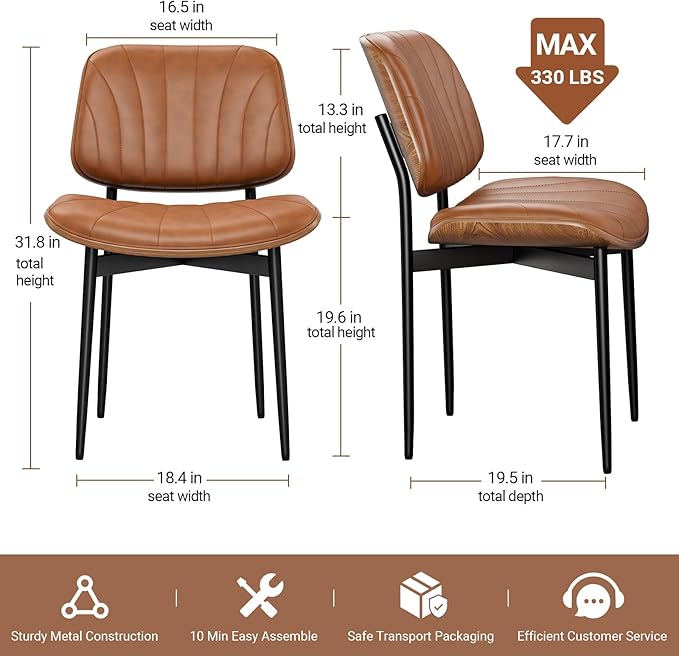Dining Chairs Set of 6, Mid-Century Modern Upholstered PU Leather Chairs with Walnut Bentwood Back and Metal Legs Adjustable Feet for Kitchen Dining Room, Camel Shell Strips