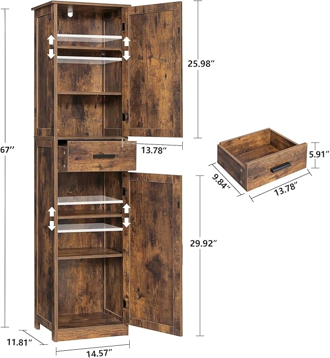 usikey 67'' Tall Storage Cabinet with Adjustable Shelves & 2 Doors, Bathroom Cabinet with 1 Drawer, Narrow Tall Cabinets for Living Room, Home Office, Rustic Brown
