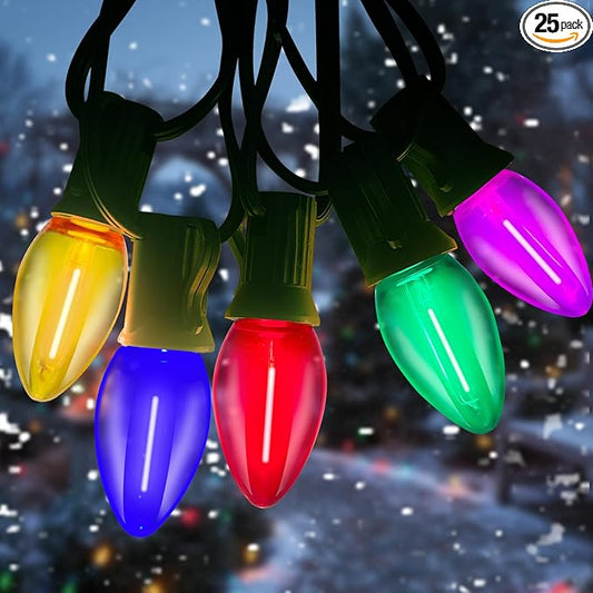 25FT C7 LED Christmas Lights Outdoor, Multicolor Vintage Style String Lights, Connectable Retro Christmas Decor for Porch, Trees, Yard, or Vehicle – UL Listed & Energy Efficient