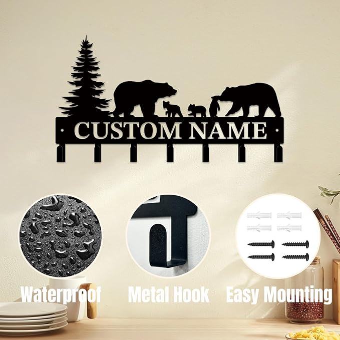 Personalized Custom Name Bear Key Wall Hooks,Metal Bear Keys Clothes Hooks,Metal Bear Wall Home Storage Decorative,For Front Door, Hallway, Kitchen, Bedroom,Keys,Hats (Style J)