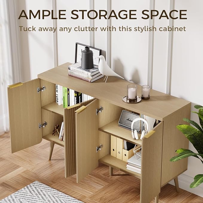 4-Door Fluted Sideboard Buffet Cabinet, 47" Large Storage Cabinet with Shleves, Wood Modern Accent Credenza Kitchen Table for Dining Room, Living Room & Entryway, Oak