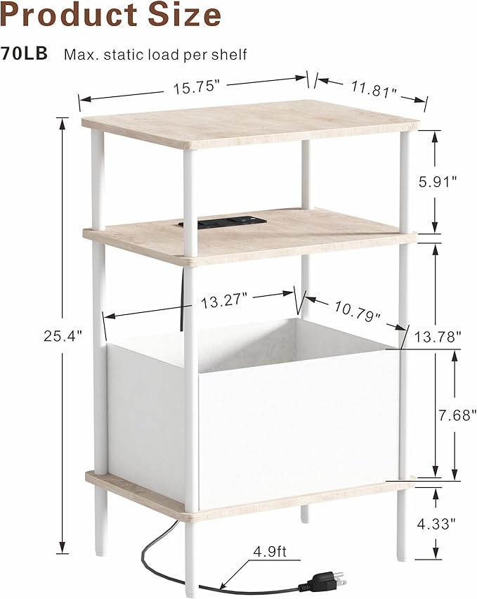 Small Side Table with Charging Station, End Table for Small Spaces, Slim Nightstand with Outlet,Sofa Beside Table, 3-Tier Storage Shelf,Living Room, Bed Room, Natrual Oak