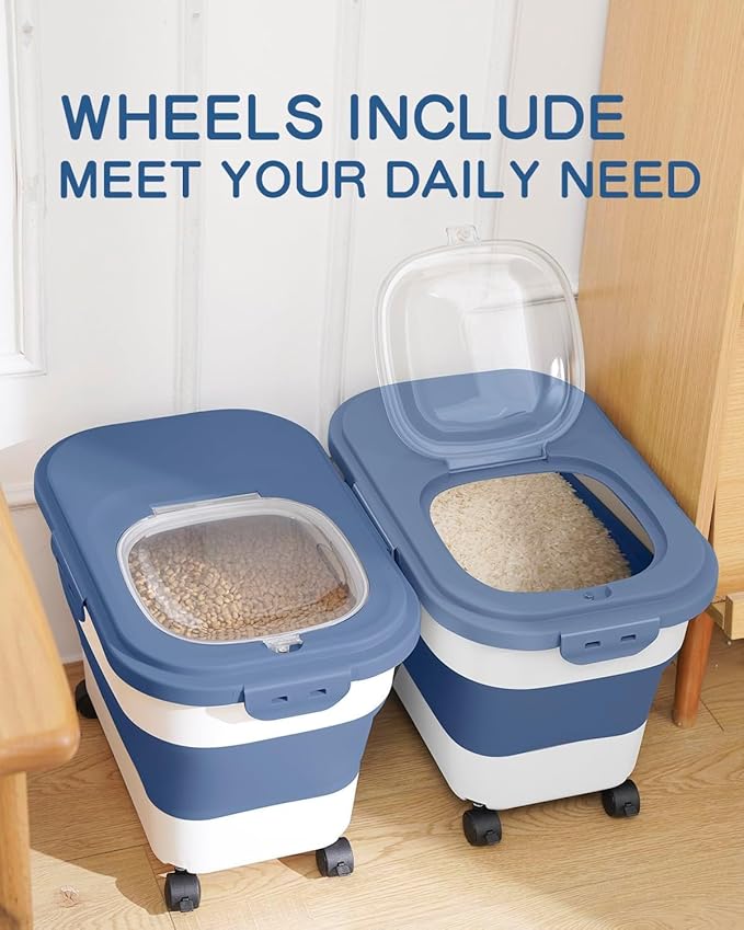 20-23 Lbs Dog Food Storage Container - Collapsible Dog Food Container with Wheels Airtight Lids, Scoop and Small Container, Pet Food Storage Dry Food For Dog, Cats and Other Pet (Blue)