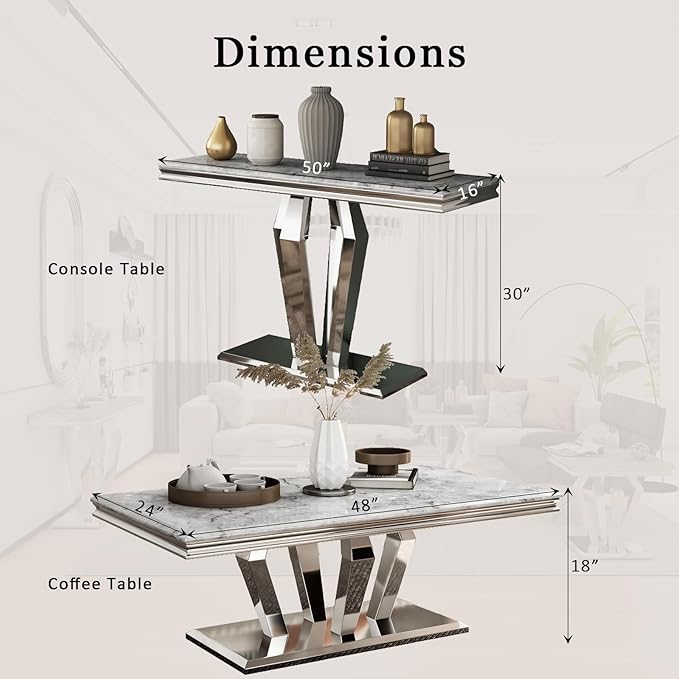 Coffee Table Set, 48 inches Modern Silver Coffee Table with 4 Geometric Mirrored Bases and Rectangular Silver Console Table with Gray Top for Living Room (Coffee Table + Console Table)