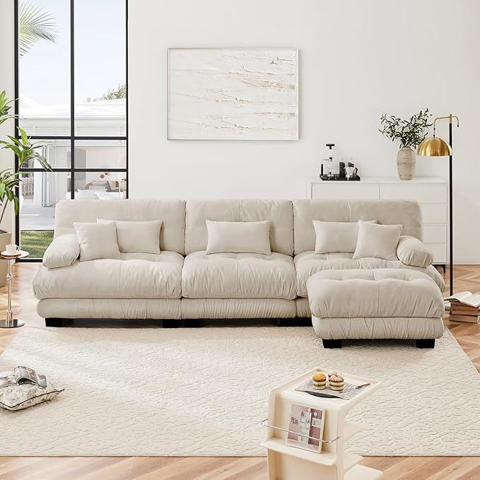 133.8" Oversized Couch, 3 Seater Modular Sectional Sofa, Beige Large L Shaped Sectional Couches for Living Room, Fluffy Couch Set, 3 Seater, Velvet Cloud Couches with Ottoman, Sofas for Living Room