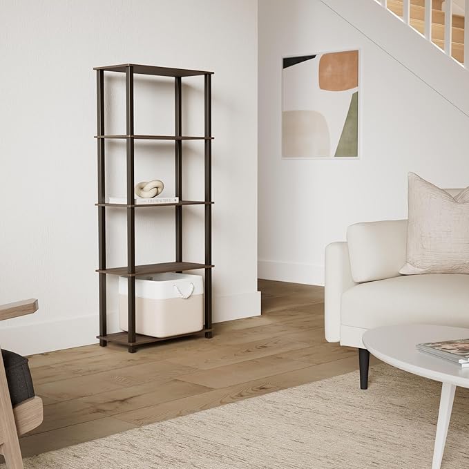 Furinno Turn-N-Tube 5-Tier Multipurpose Shelf / Display Rack / Storage Shelf / Bookshelf, Square Tubes, Walnut/Brown