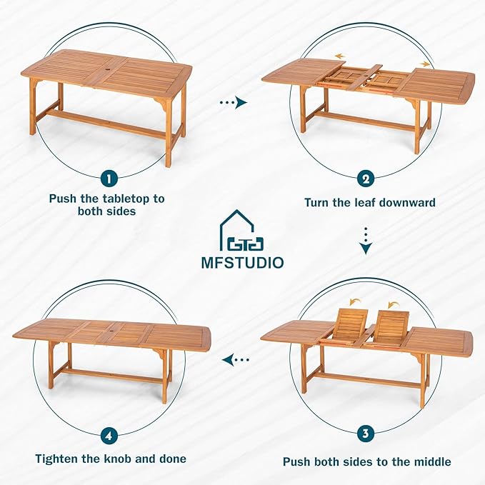 MFSTUDIO 7 Pieces Patio Dining Set, Teak Wood Outdoor Dining Set for 6, 1 x Rectangular Expandable Acacia Wood Table, 6 x Wooden Patio Dining Chairs with Removable Cushions for Backyard, Porch