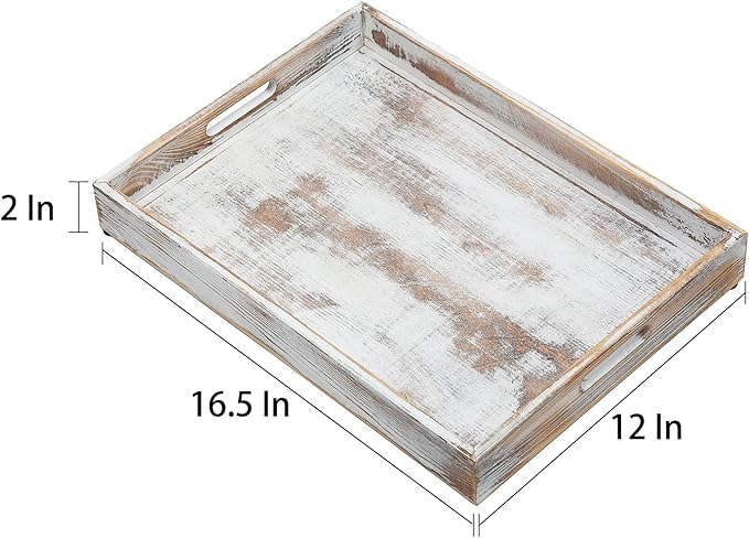 Rustic Distressed Wood Food Breakfast Serving Tray Octagon Serving Tray in Bed with Cutout Carrying Handles Coffee Office Desktop Document Holder Home Kitchen (Washed White)