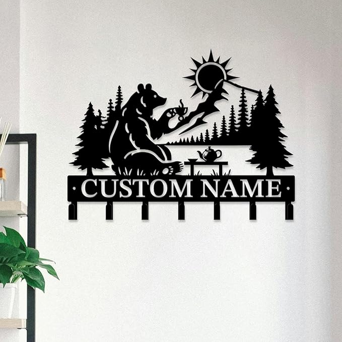 Personalized Custom Name Bear Key Wall Hooks,Metal Bear Keys Clothes Hooks,Metal Bear Wall Home Storage Decorative,For Front Door, Hallway, Kitchen, Bedroom,Keys,Hats (Style C)