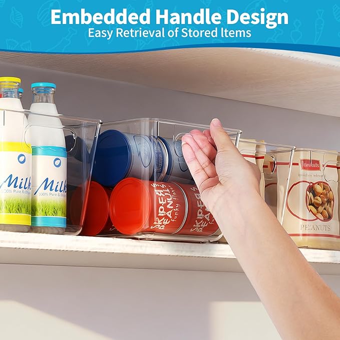 Clear Plastic Storage Bins, 4 Pack Pantry Organizers & Storage Containers, Cabinet Organizer, Home Organization Must Haves for Kitchen, Laundry Room, Office, Closet & Freezer