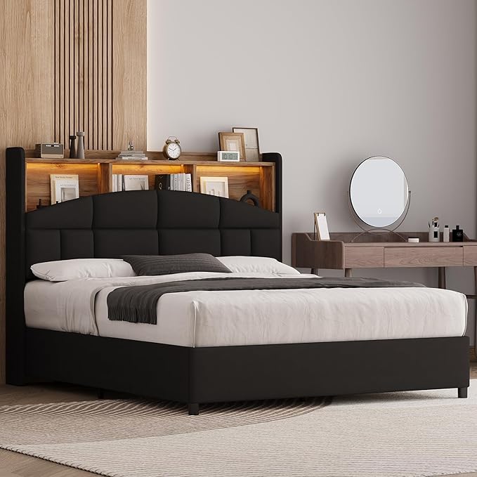 Full Size Bed Frame with Headboard, Velvet Upholstered Bed Frame with LED Lights, Full Size Platform Bed with Wooden Slats Support, No Box Spring Needed, No Noise, Black