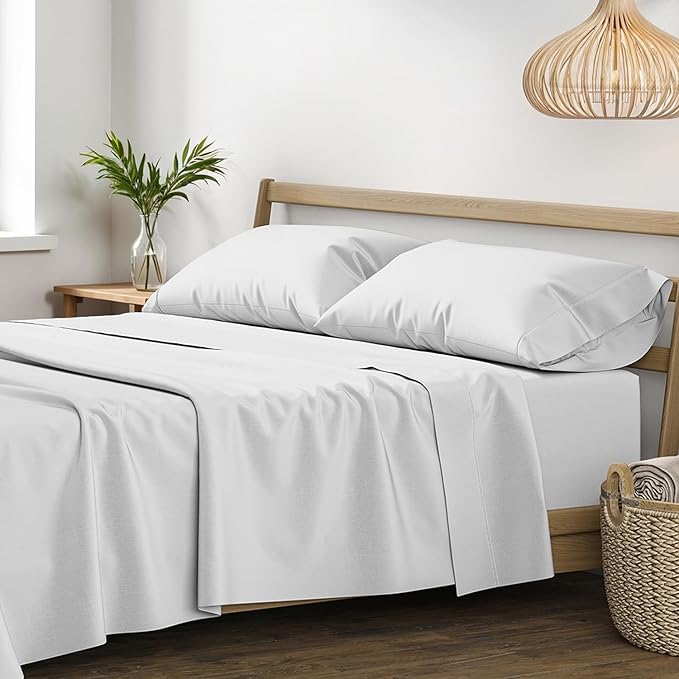 XOOX Linen 100% Egyptian Cotton Queen Sheet Set - Luxury 1200 High Thread Count Egyptian Cotton Sheets Queen Size (4 PC, Light Grey), Silky Soft, Cooling, 17" Deep Pocket Sateen Weave Hotel Bedding