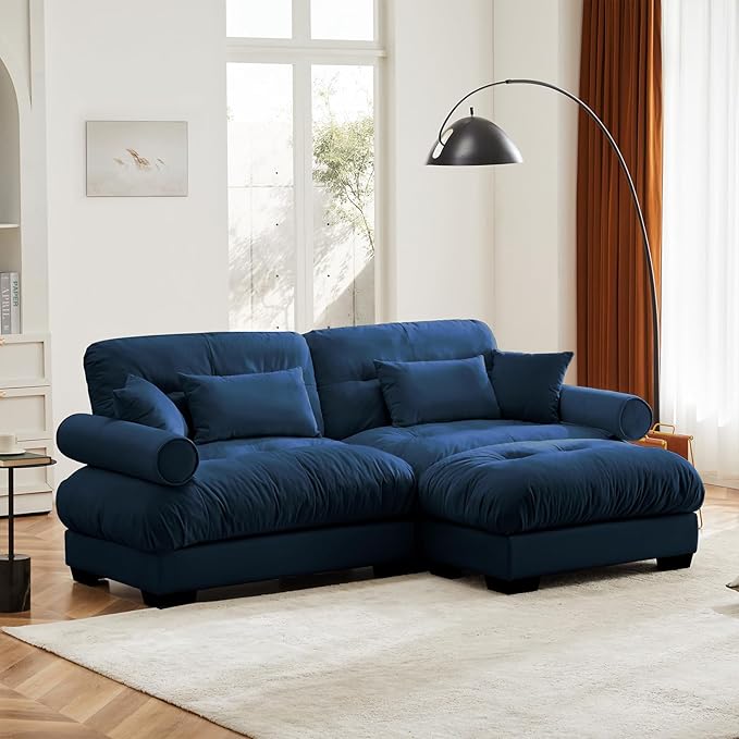 93.7" Loveseat Sofa, 2 Seater Modular Sectional Sofa, Blue Large L Shaped Sectional Couches for Living Room, Fluffy Couch, Love Seat, Velvet Cloud Couch with Ottoman, Deep Seat Sofas for Living Home