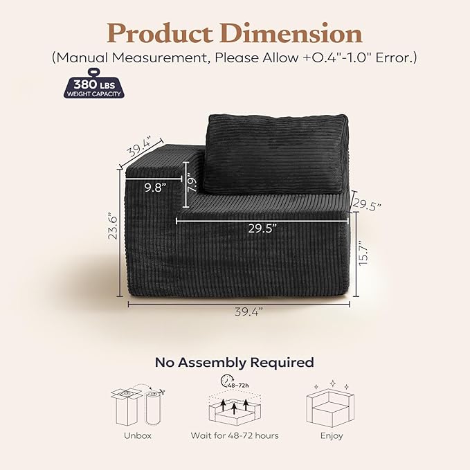 40" Modular Sectional Sofa, Upholstered Floor Sofa Couch with Pillow, Bean Bag Chair for Bedroom Living Room, No Assembly Required (Plush Corduroy Fabric, Black)