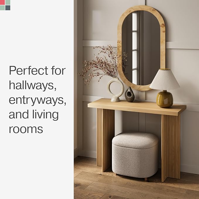 Modern Console Table - Natural Oak, Fluted Solid Wood - Slim Entryway Table with Drawers & Curved Cross Base