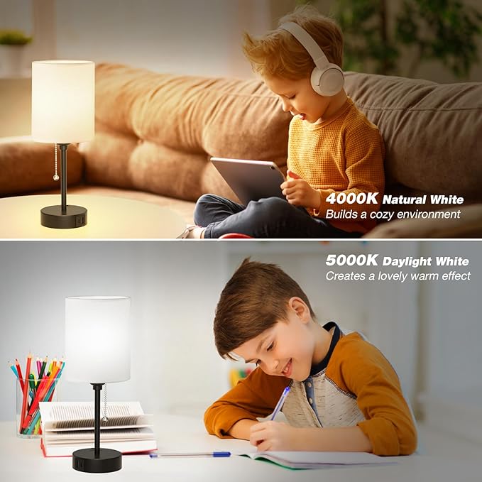 Small Bedside Table lamp for Bedroom - 3 Color Temperatures Bedside Lamps with USB C and A Ports, Pull Chain Table Lamps with AC Outlet, White Nightstand Lamps with Black Metal Base for Kids Reading