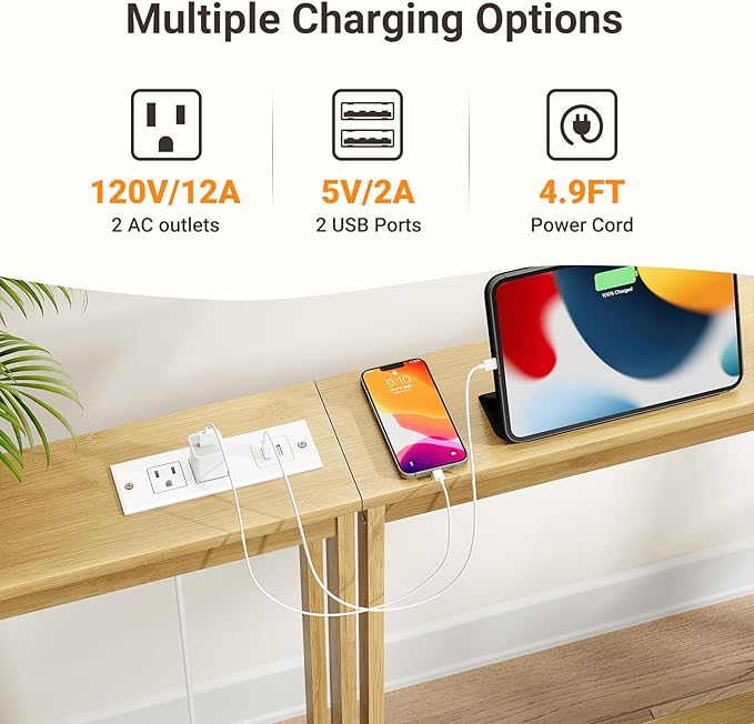 ELYKEN 5.9" Narrow Console Sofa Table with Power Outlets, 5.9" Dx39.4 Wx31.1 H Bamboo Behind Couch Table with Charge Station, Natural